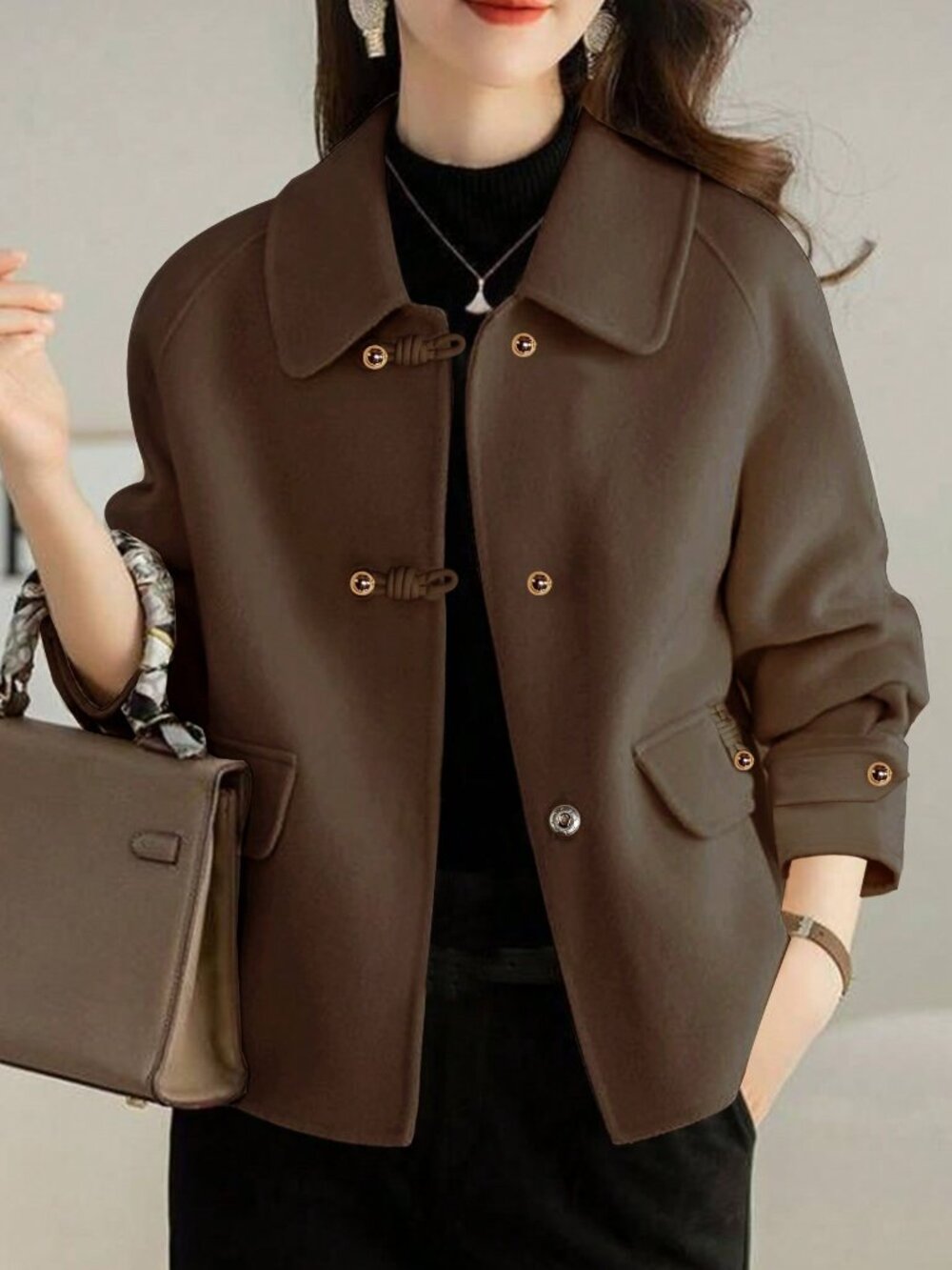 Coffee Brown Casual Women's French Thick Tweed Jacket